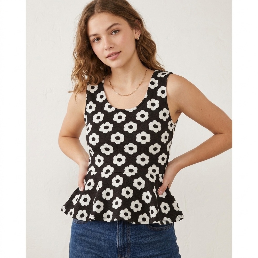 Vtg Y2K Rue21 Daisy Print Peplum Tank Top Size L Black White Floral Babydoll